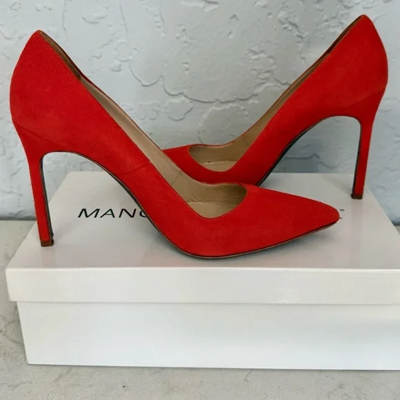 Manolo Blahnik Orange Suede Pumps Size 37 (US 7) Pointed Toe Stiletto Heels - Picture 6 of 13